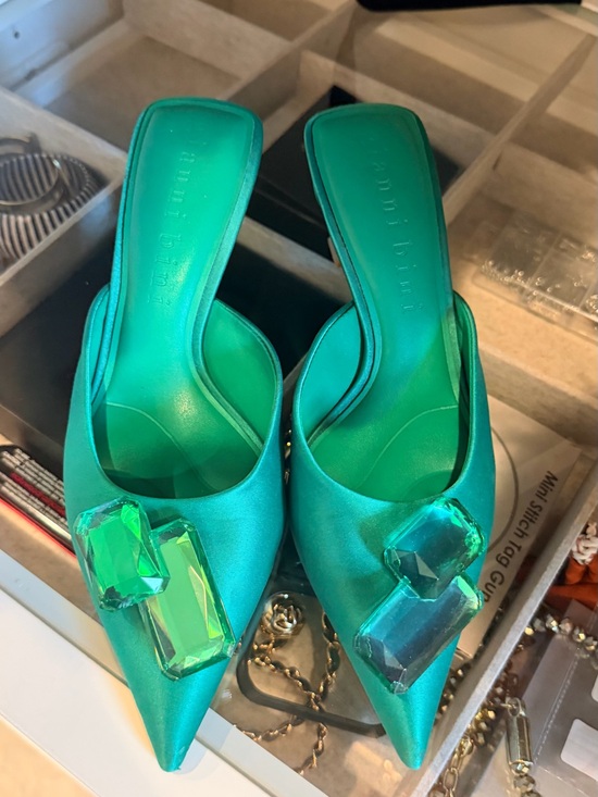 Gianni Bini Shoes - Gianni Bini Teal Satin Pointed-Toe Mules with Gem Embellishment
